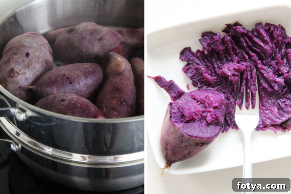 Απολαυστικό Μωβ Κέικ Ube Mochi 3 εικόνα κολάζ - φωτογραφία συστατικού - ατμισμένη πορφυρή γλυκοπατάτα ube