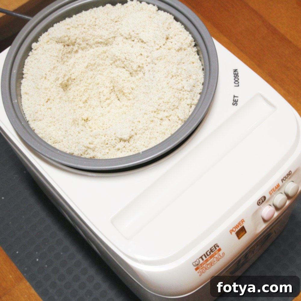 Σπιτικό Μότσι από Καφέ Ρύζι με Μηχανή Μότσι 10 mochi maker χτυπάει το καστανό ρύζι σε mochi