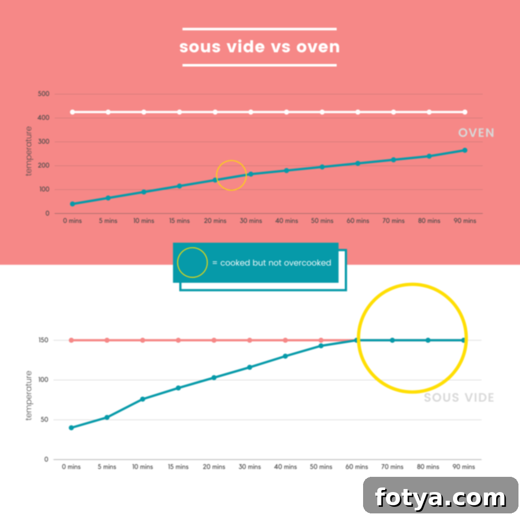 Τι είναι το Sous Vide; Οδηγός για Αρχάριους. 3 Γράφημα που δείχνει πώς αλλάζει η εσωτερική θερμοκρασία του φαγητού με την πάροδο του χρόνου έκθεσης στη θερμότητα.